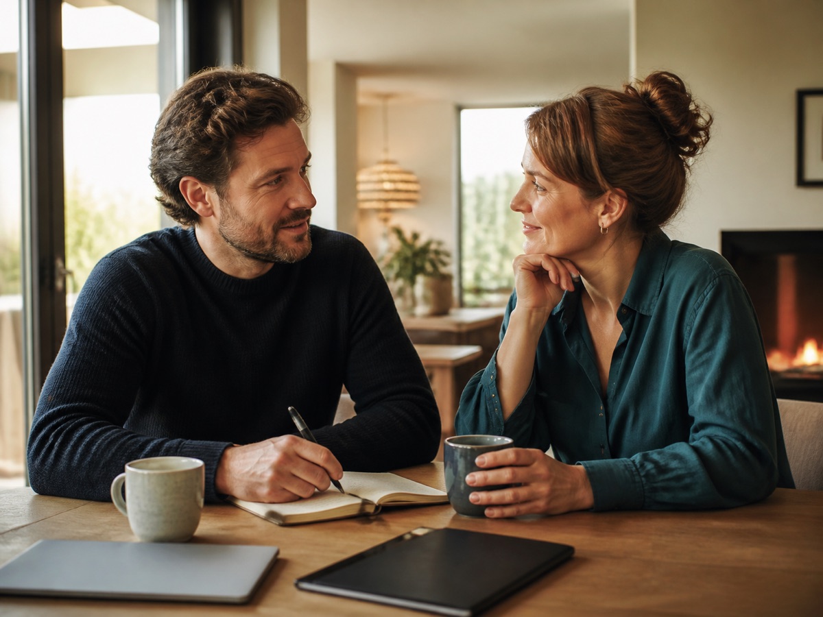 Fictieve case: een man en een vrouw zitten aan de eettafel met koffie en een notitieboek en praten rustig over hun financiële situatie.